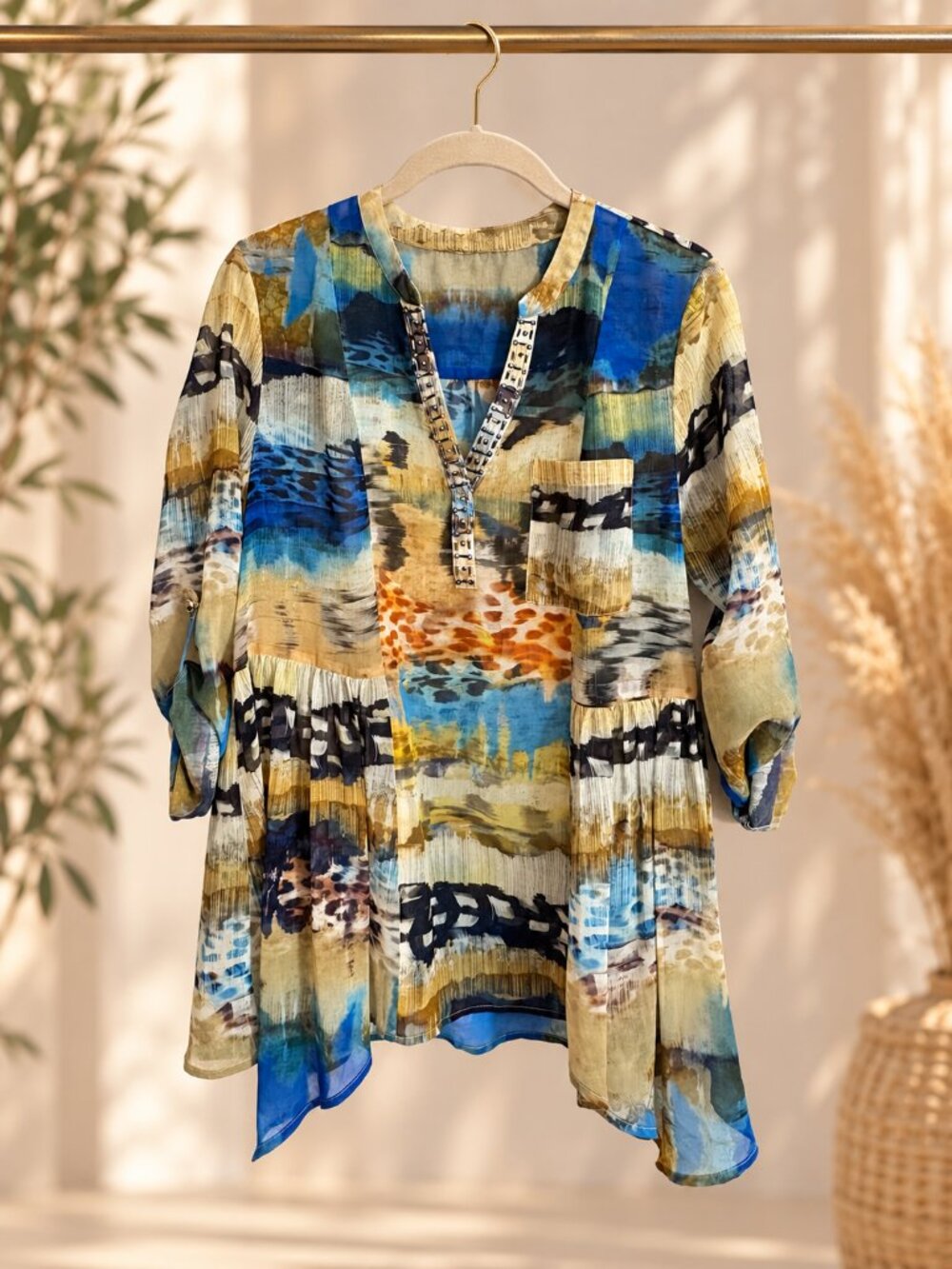 V Cristina Abstract Beaded Sheer Tunic Top Size S Blue Tan Sharkbite Boho